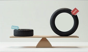 balance avec un pneu petit sur la gauche représentant le prix d'achat et de l'autre côté, un pneu plus grand représentant le prix de revente