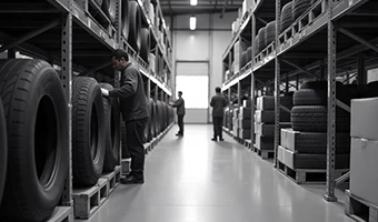 centre de tri de pneu avec des travailleurs les rangeant